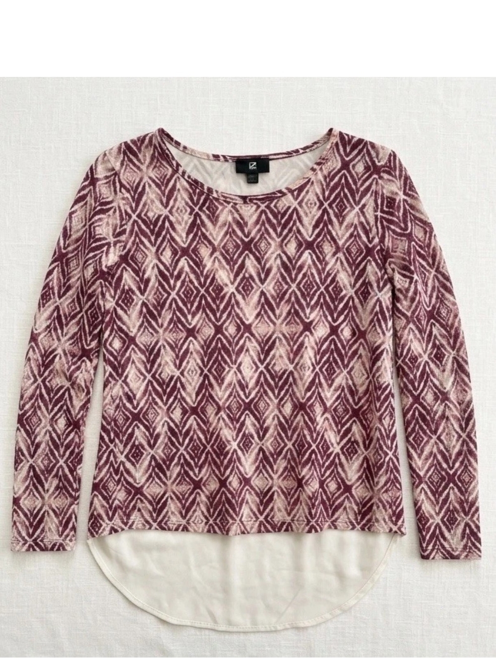Iz Byer Plum Geometric Long Sleeve Top with Cream Layered Hem